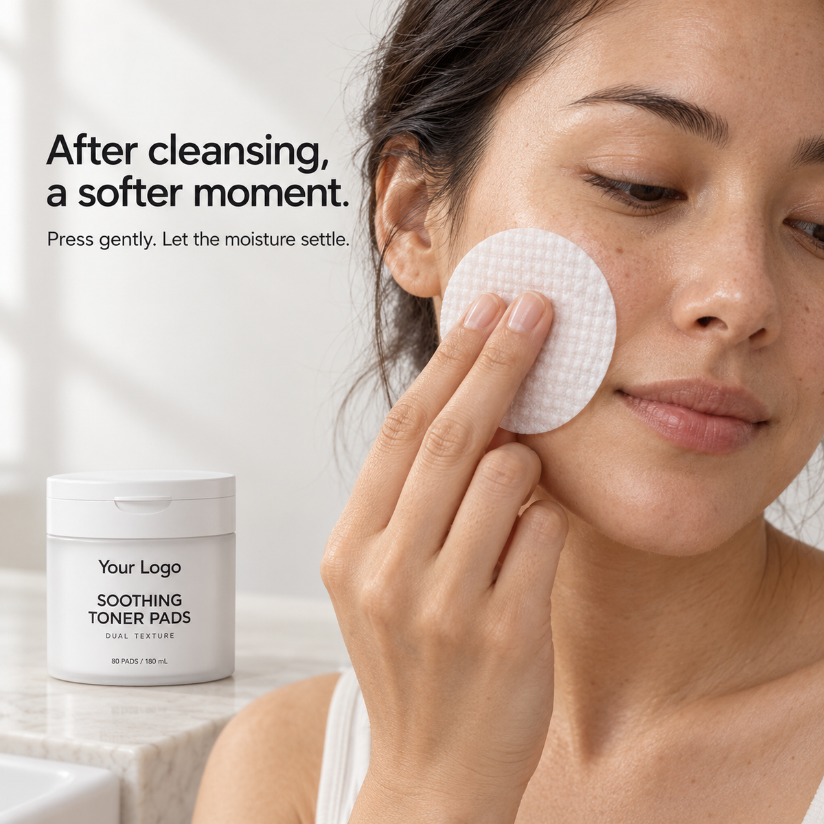Woman gently pressing a soothing toner pad onto her cheek beside the matching white jar