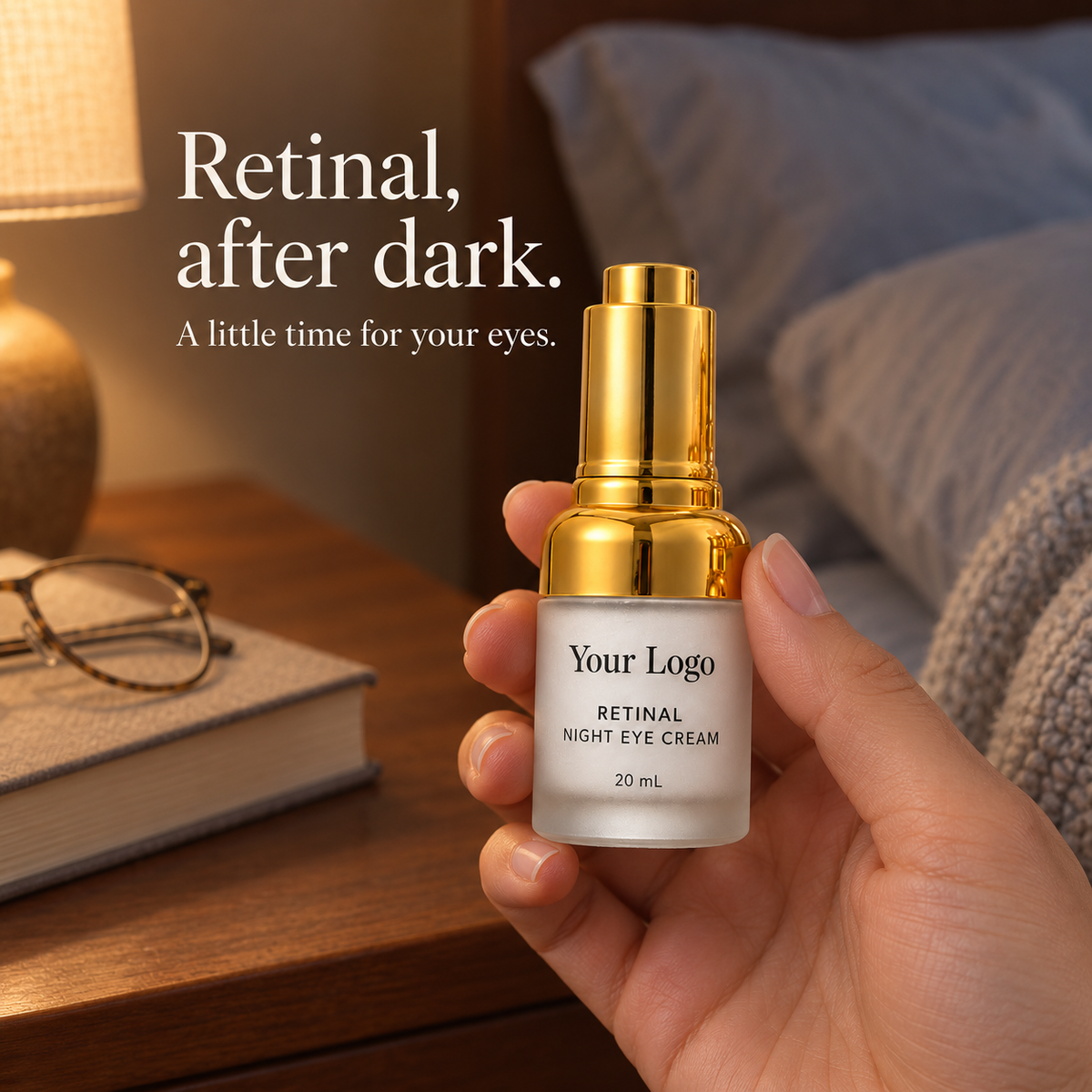 Hand holding the frosted retinal eye cream bottle beside a bedside lamp and reading glasses