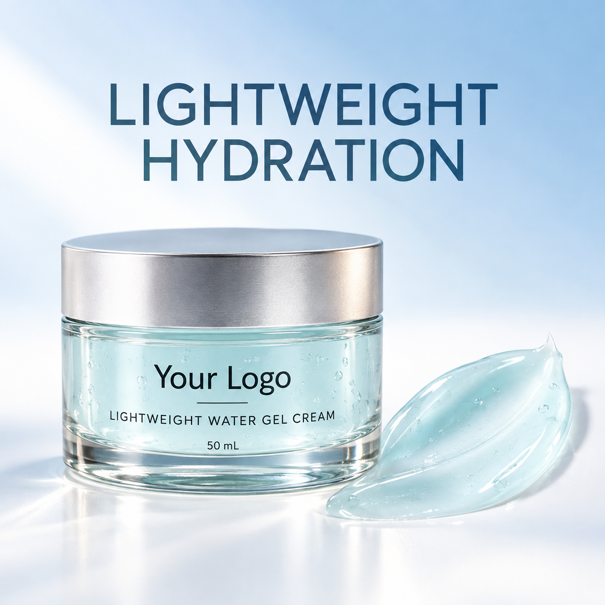 Your Logo lightweight water gel cream in a clear 50 mL glass jar with silver cap and pale-aqua gel texture