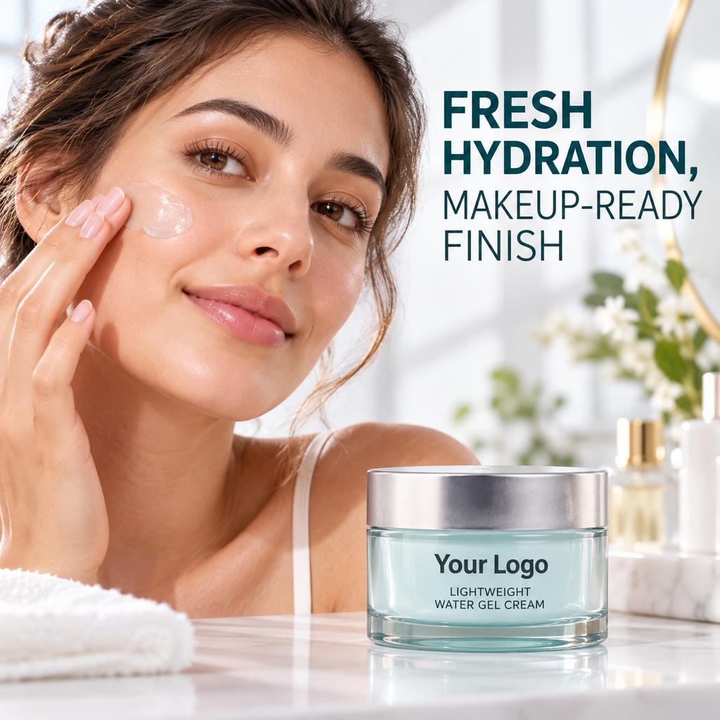 Model applying pale-aqua lightweight water gel cream beside the closed Your Logo 50 mL jar
