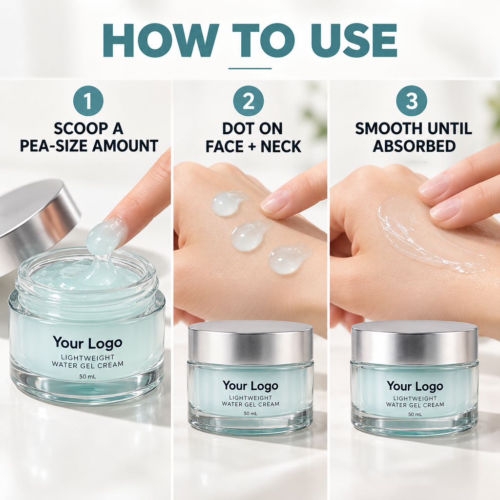 Three-step use guide for scooping, dotting and smoothing Your Logo water gel cream