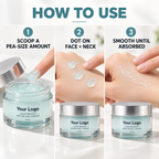 Three-step use guide for scooping, dotting and smoothing Your Logo water gel cream