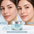 Before-and-after dry-looking and hydrated cheek appearance with Your Logo lightweight water gel cream