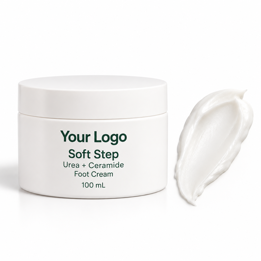 Soft Step Urea + Ceramide Foot Cream in a white 100 mL jar beside a complete cream swatch