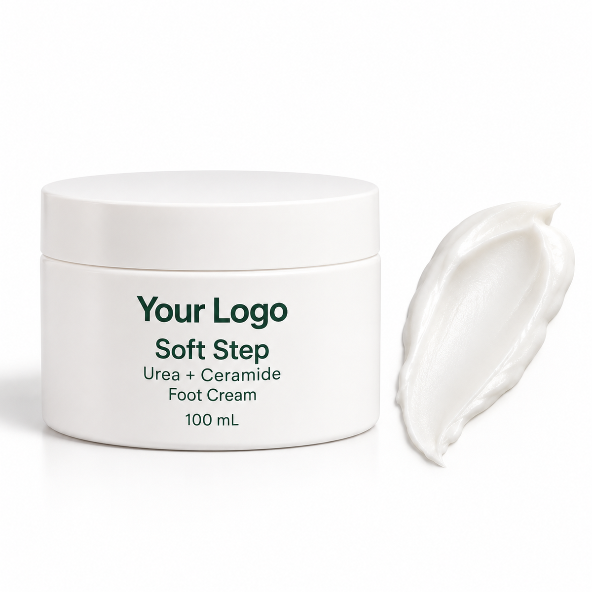 Soft Step Urea + Ceramide Foot Cream in a white 100 mL jar beside a complete cream swatch