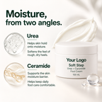 Urea and ceramide moisture benefits with the Soft Step white foot cream jar