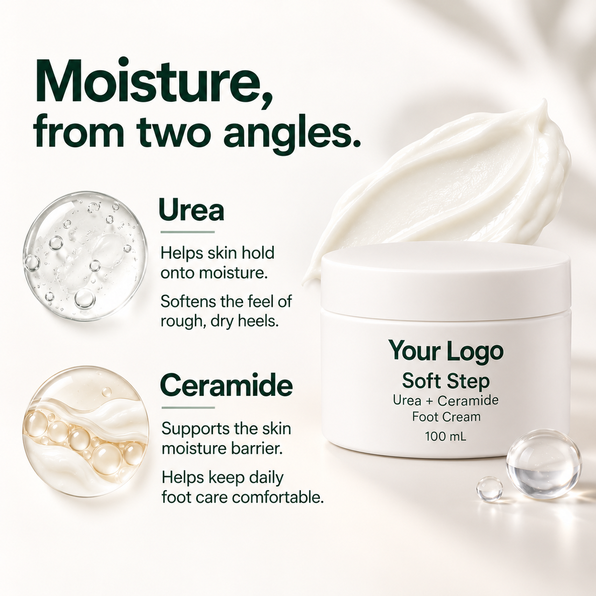 Urea and ceramide moisture benefits with the Soft Step white foot cream jar