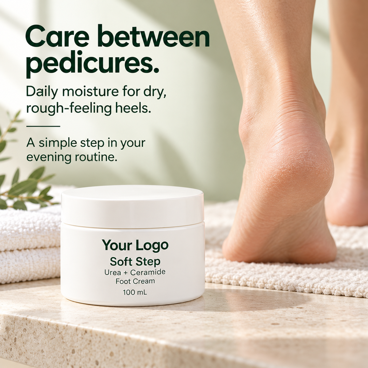 Soft Step foot cream beside a heel for daily care between pedicures