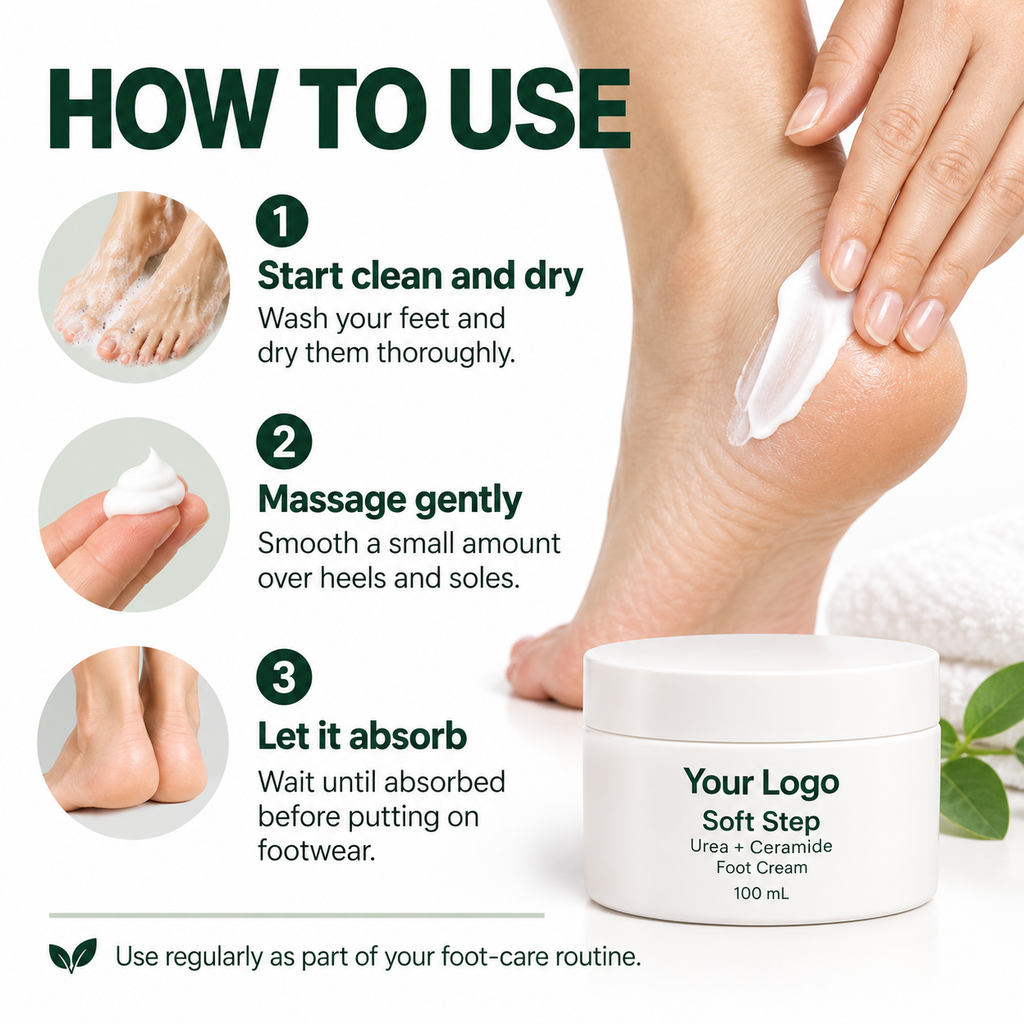 Wash, dry, massage and absorb directions for Soft Step foot cream
