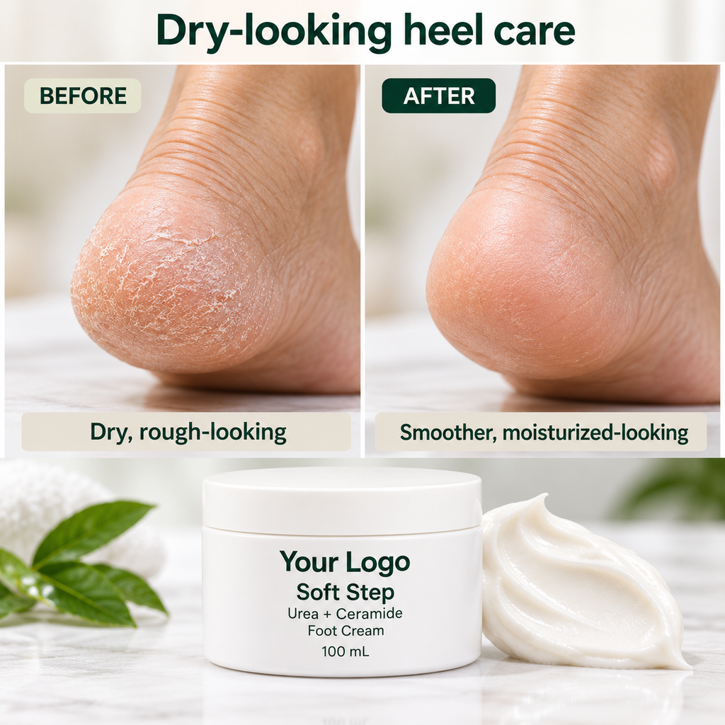 Illustration of dry-looking and moisturized-looking heels with Soft Step foot cream