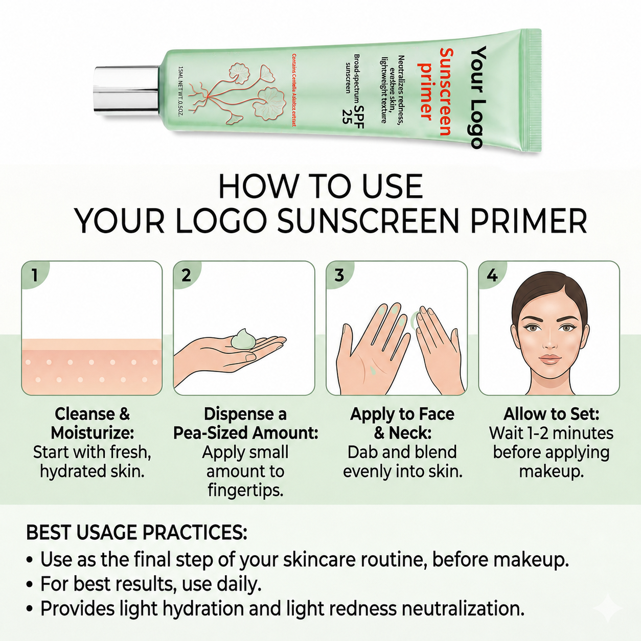 Green sunscreen primer packaging concept with translucent mint and skin-tone texture swatches
