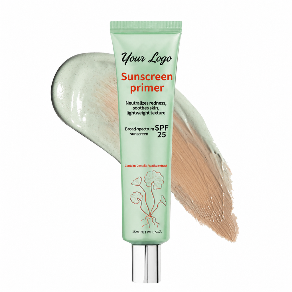 Private label green-tint sunscreen primer in a 15 mL mint tube with cosmetic texture swatches