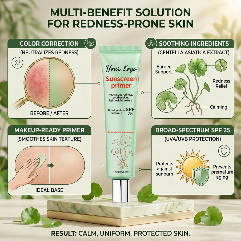 Private label sunscreen primer benefit infographic with green tint and Centella positioning