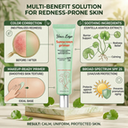 Private label sunscreen primer benefit infographic with green tint and Centella positioning
