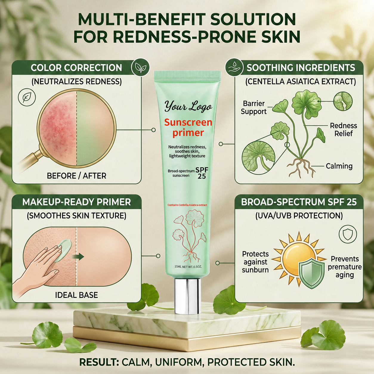 Private label sunscreen primer benefit infographic with green tint and Centella positioning