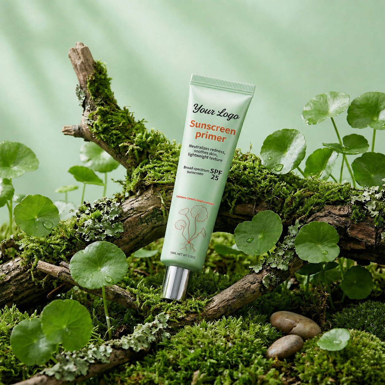 Custom Centella green-tint sunscreen primer displayed in a botanical moss setting