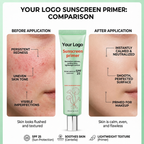 Concept comparison graphic for a green-tint sunscreen primer and makeup-prep finish